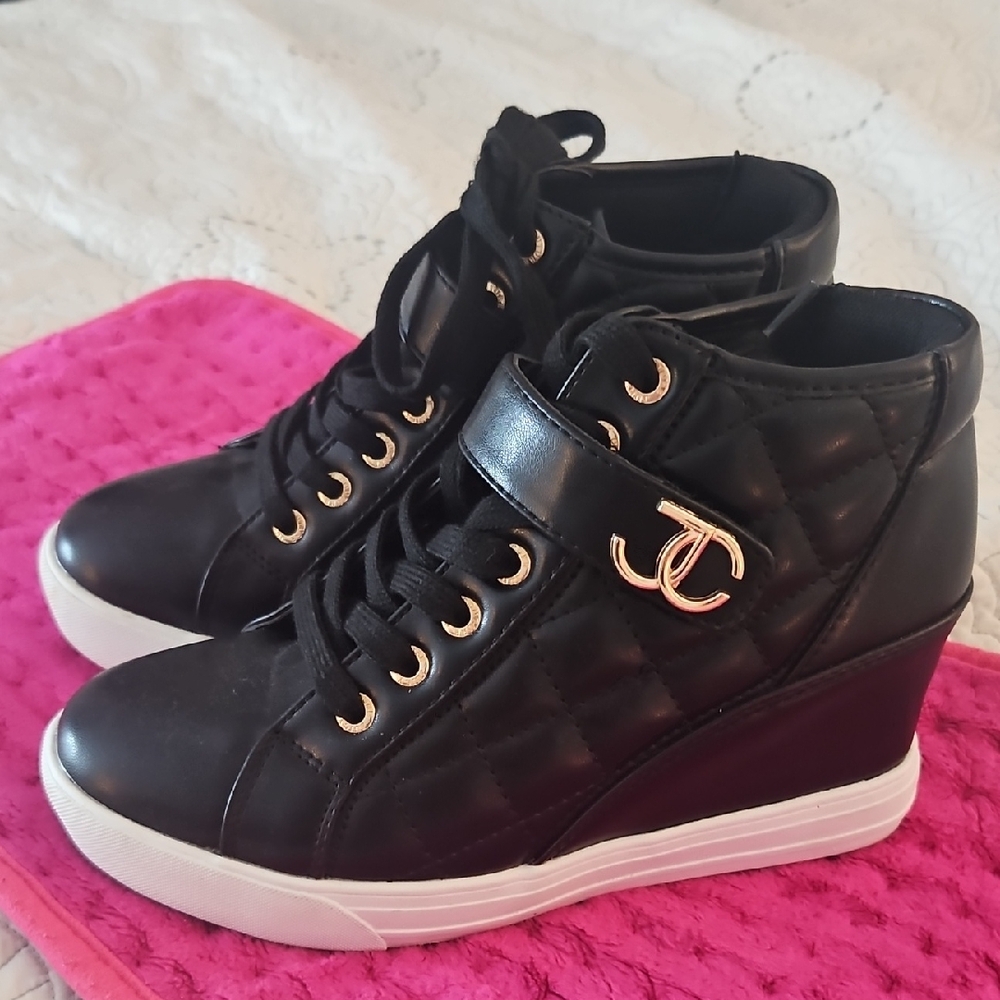Black Quilted Wedge High-Top Sneakers with Gold Hardware